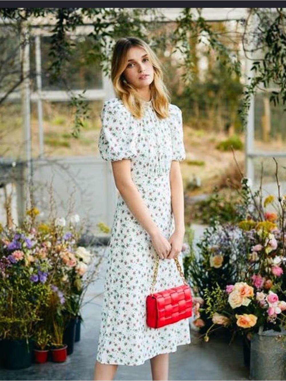 Savida Floral Print Dress White Floral Puff-Sleeve Midi Dress